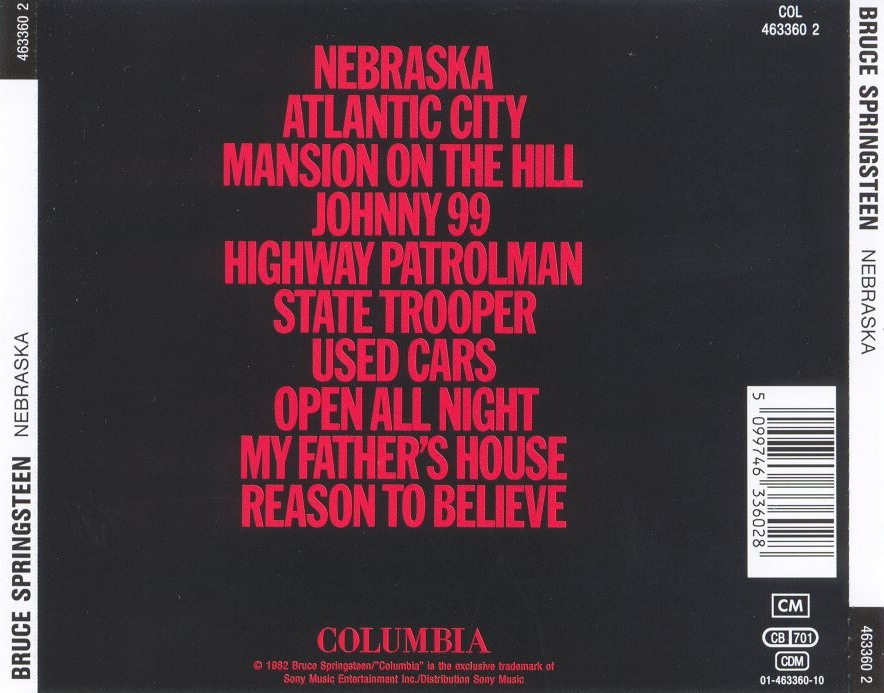 Copertina Cd Bruce Springsteen - Nebraska - Back, Cover Cd Bruce ...