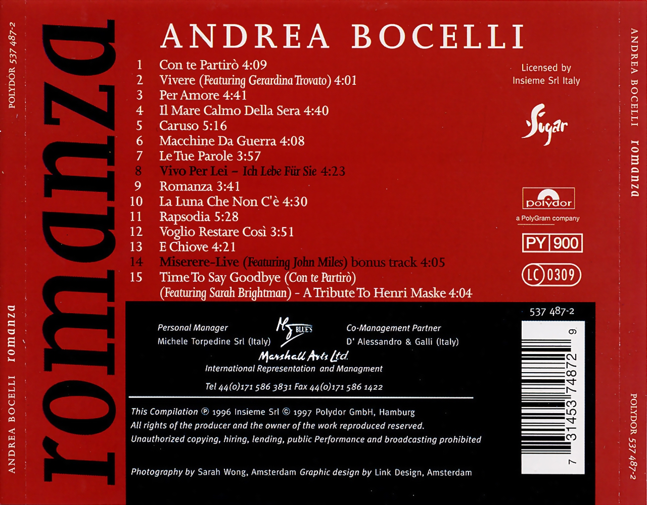 Copertina cd Andrea Bocelli - Romanza - Back, cover cd Andrea Bocelli ...