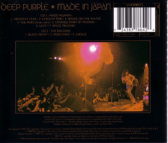 Copertina cd Deep purple - Made in japan - back, cover cd Deep purple ...